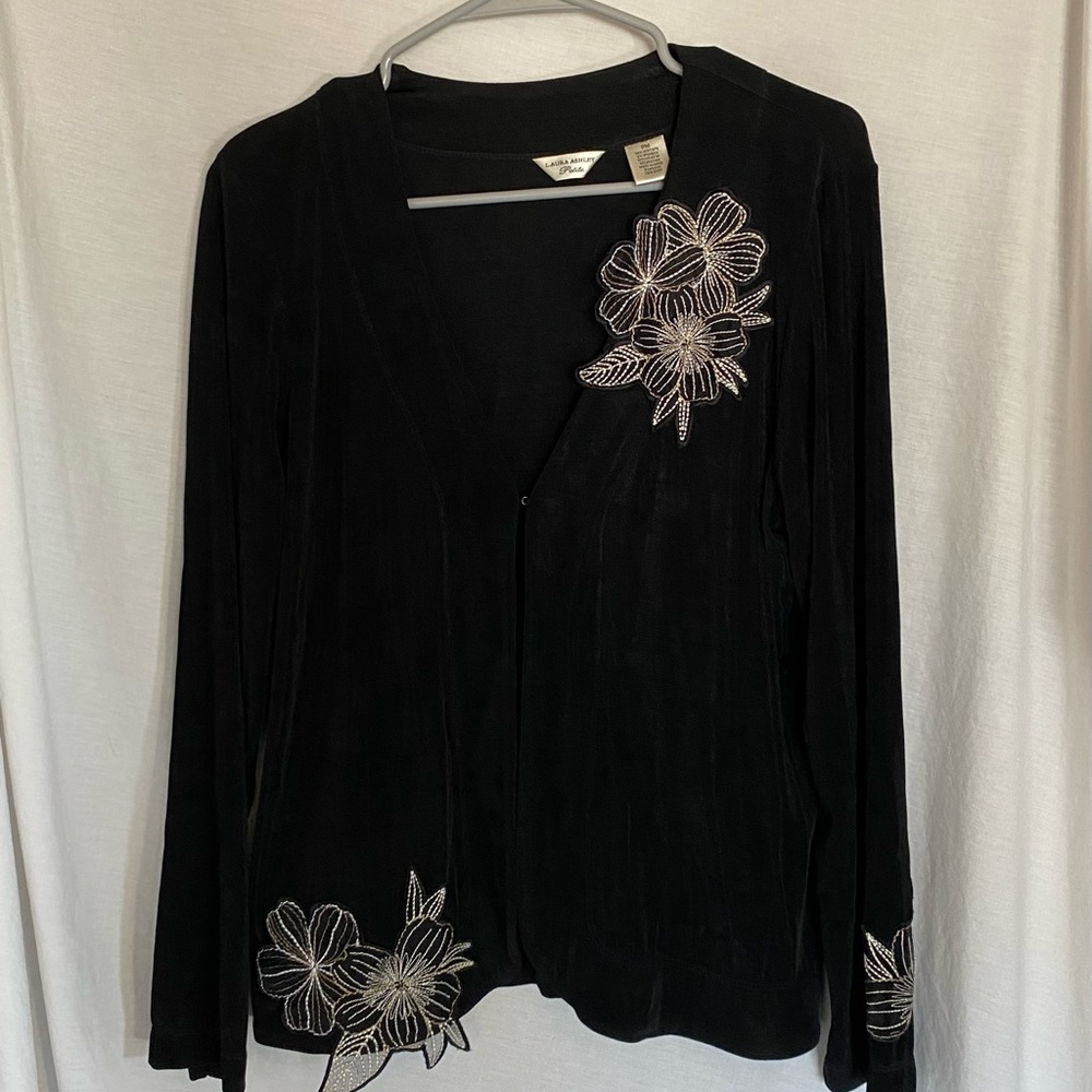 Laura Ashley Petites Black acetate slinky embellished jacket. Petite Medium.